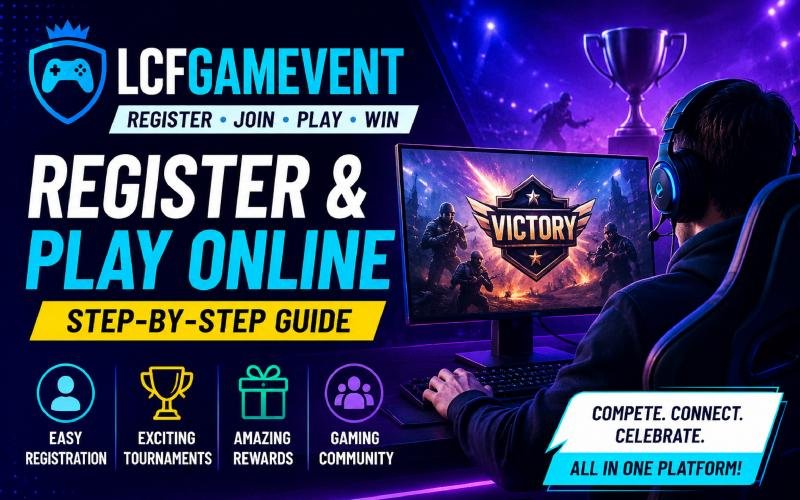 Esports gaming banner for Lcfgamevent showing registration and online play guide.