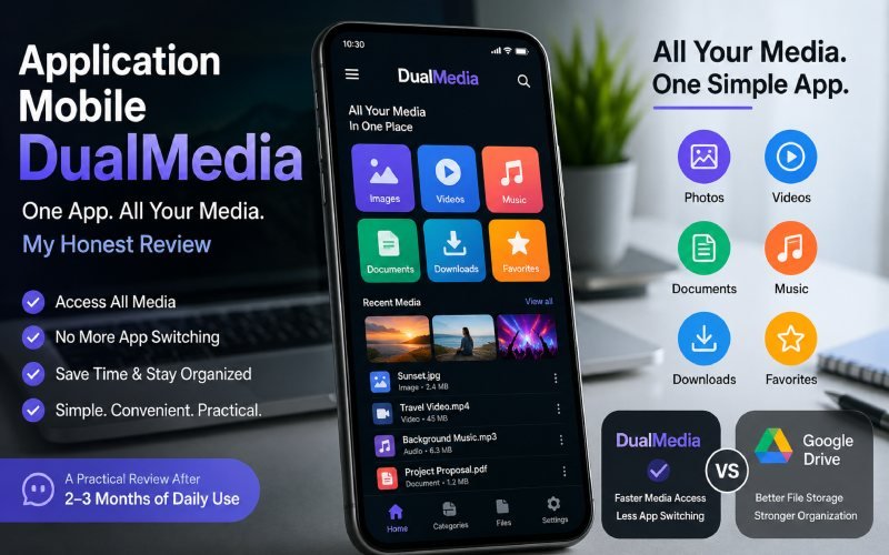 DualMedia app interface showing centralized media access on a smartphone.