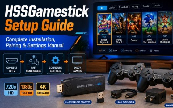 HSSGamestick setup guide showing a game stick, wireless controllers, TV connection, and installation accessories.