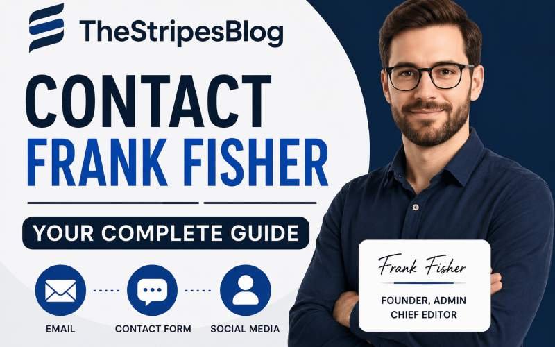 Professional featured image for TheStripesBlog Contact Frank Fisher guide with contact icons and editorial branding.