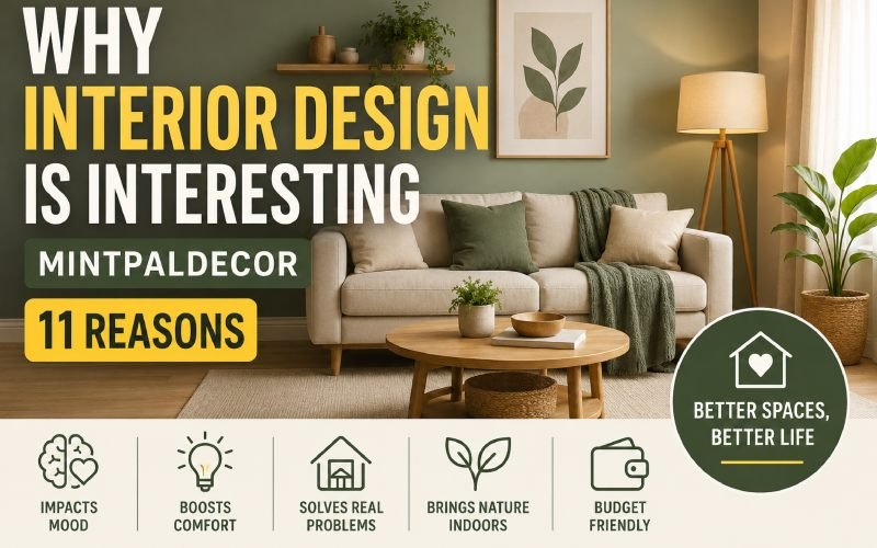 Modern living room with warm lighting, plants, and text highlighting reasons interior design improves daily life.