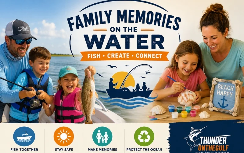 Family enjoying a guided coastal fishing trip while children paint seashells during a beach vacation.