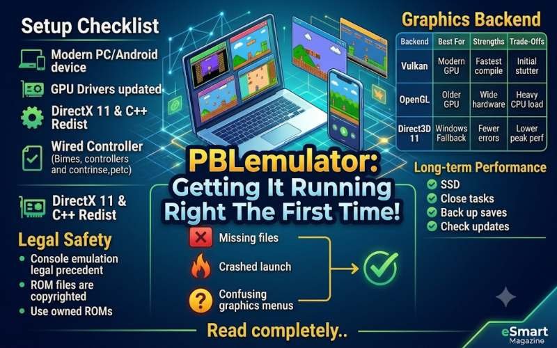 PBLemulator setup guide infographic featuring installation checklists, graphics backend comparison, and troubleshooting tips.